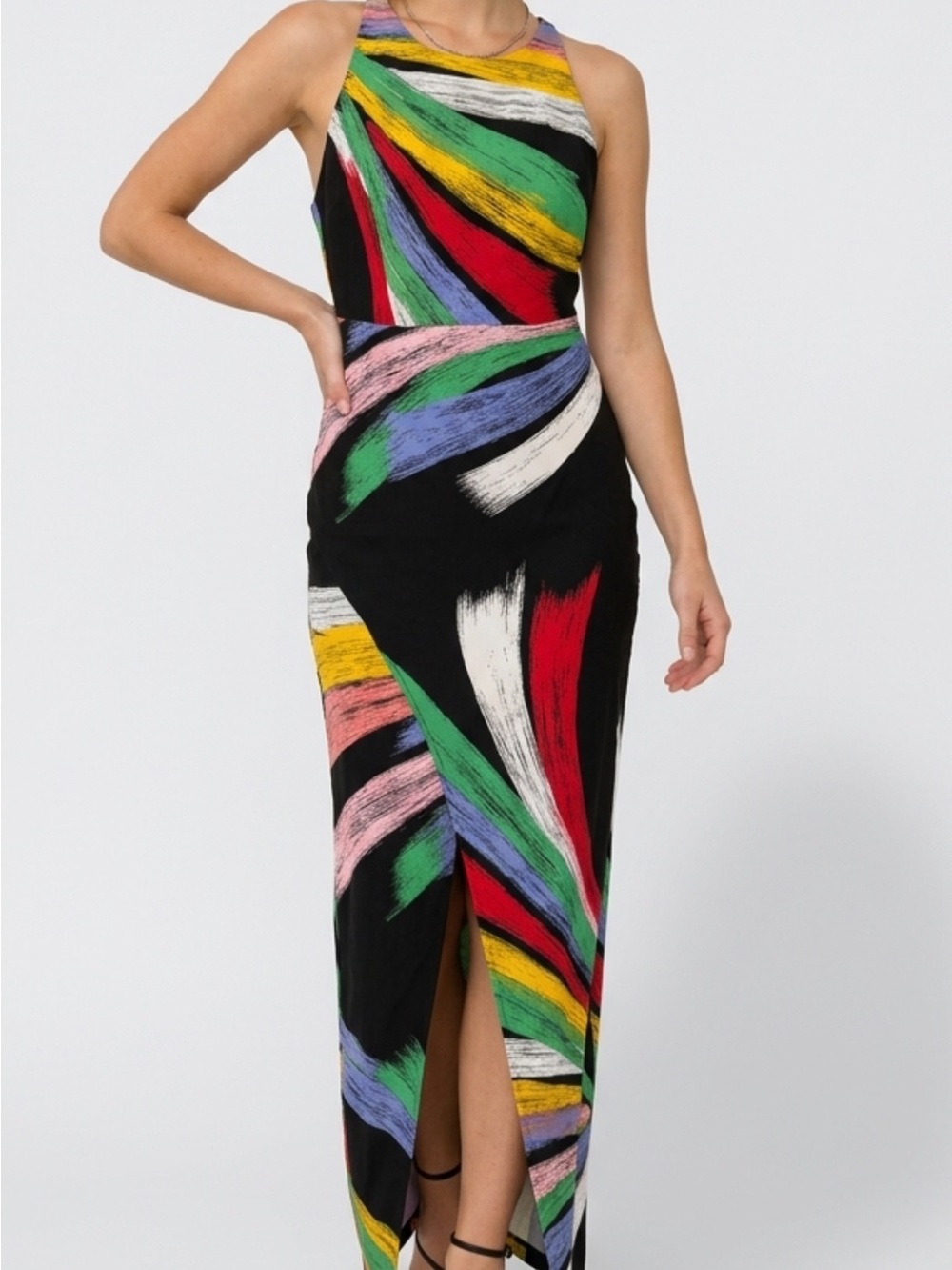 Celine Black Maxi Dress with Multicolor Brushstroke Design